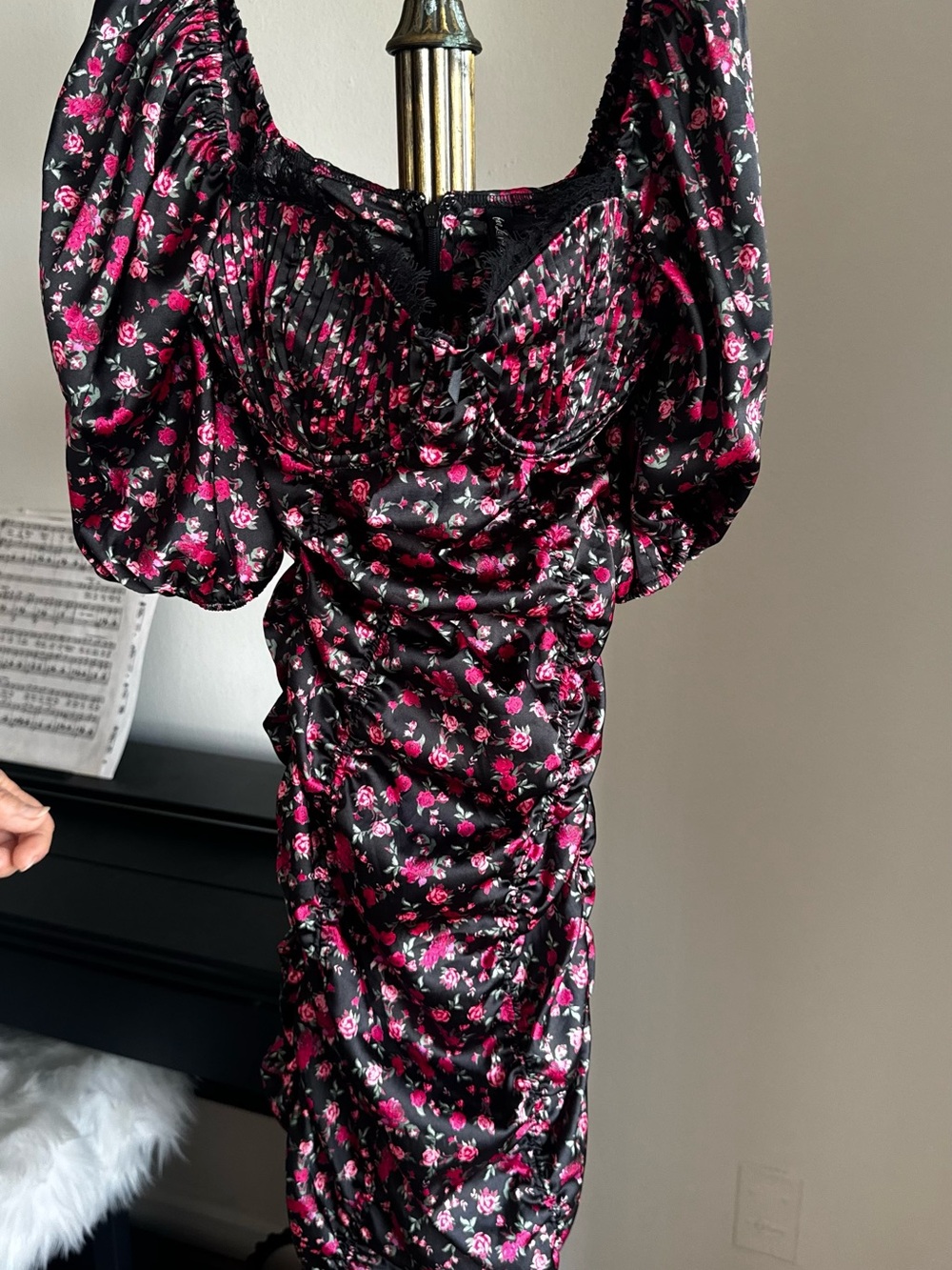 For Love And Lemons Black with Pink Floral Ruched Puff-Sleeve Mini Dress - Picture 2 of 5